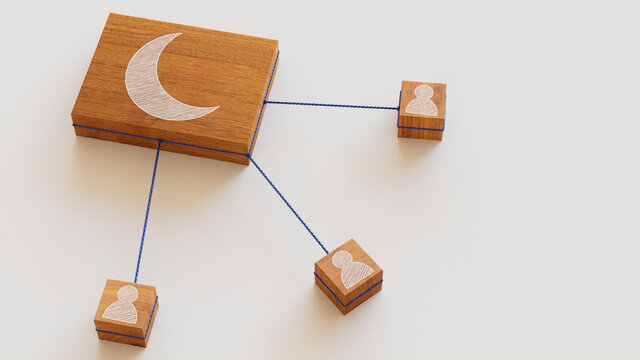 Night Mode Technology Concept With Moon Symbol On A Wooden Block. User Network Connections Are Represented With Blue String. White Background. 3D Render.