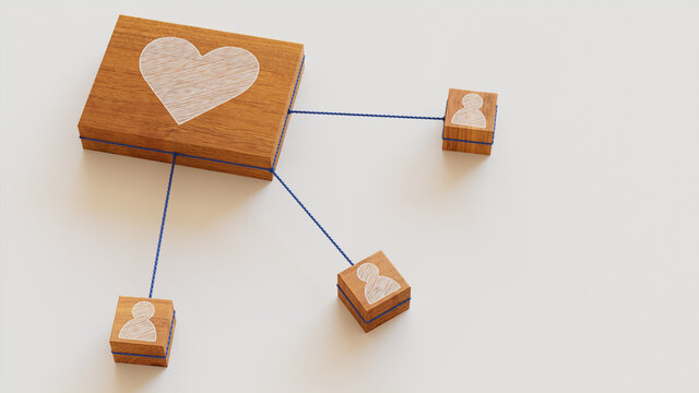 Love Technology Concept with heart Symbol on a Wooden Block. User Network Connections are Represented with Blue string. White background. 3D Render.