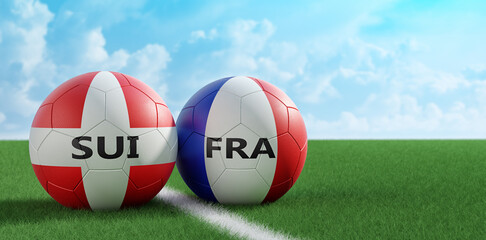 Switzerland vs. France Soccer Match - Leather balls in Switzerland and France national colors. 3D Rendering 