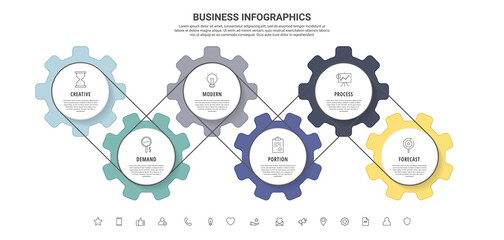 Vector infographic gears with six steps. Modern timeline with cogwheels for business concept, chart, diagram, web, banner, presentations, flowchart, levels