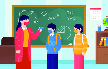 teacher and student in classroom.After coronavirus students back to school and teachers check their temperature.