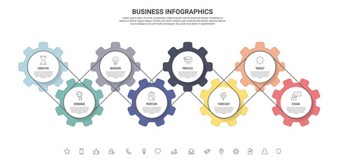 Vector infographic gears with eight steps. Modern timeline with cogwheels for business concept, chart, diagram, web, banner, presentations, flowchart, levels
