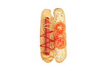 Hot dog ingredients. A cut bun contains ingredients: sausage, sauce, tomatoes and mozzarella cheese. View from above. White background. Isolated.