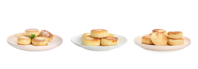 Set with delicious cottage cheese pancakes on white background. Banner design