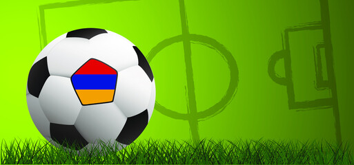 Football with the flag of Armenia, on green soccer grass field. Vector background banner. Sport finale or school, sports game Summer, spring time, Street ball games. 2020, 2021, 2022 wk, ek banner.