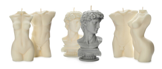 Collection of beautiful sculptural candles on white background. Banner design