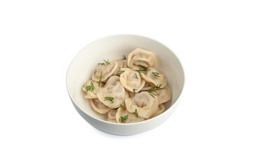 Boiled dumplings with pork. Decorated with greenery. White plate. View from above. White background. Isolated.