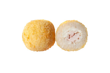 Rice croquettes with cottage cheese and chicken fillets in bread crumbs. Deep-fried. Close-up. White background. Isolated.