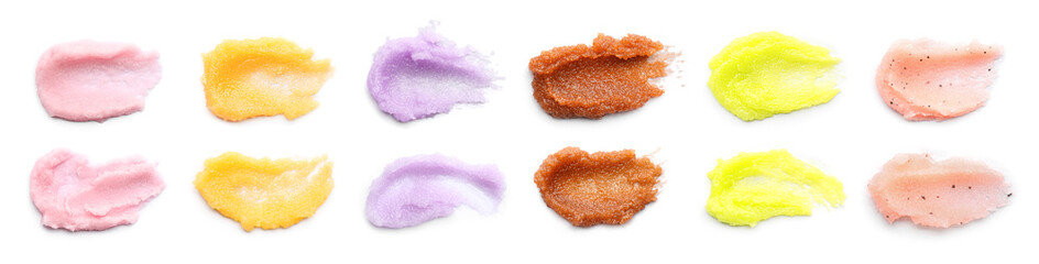 Set with smears of different body scrubs on white background. Banner design