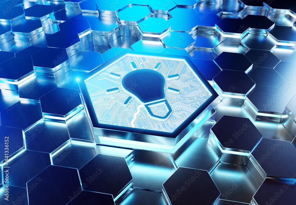 Aufkleber Lightbulb icon creativity concept engraved on metal hexagonal pedestral background. Innovation symbol glowing on abstract digital surface. 3d rendering