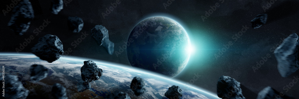 Poster Panoramic space planets background. Panorama of distant solar system with exoplanets 3D rendering elements of this image furnished by NASA
