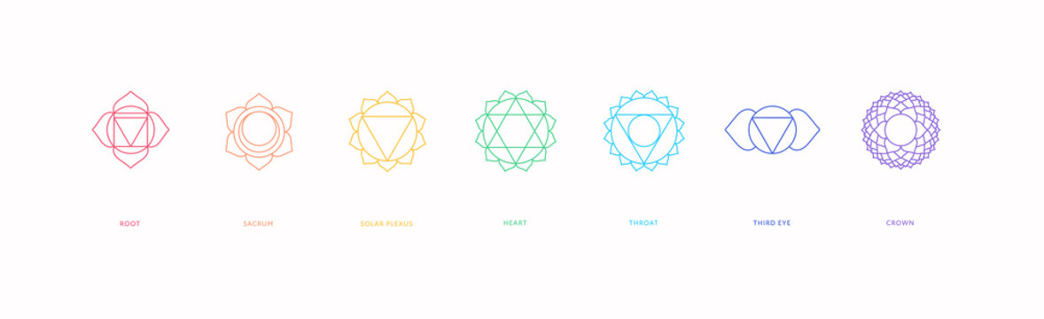 Spiritual awakening and wellness concept. Vector icon illustration set. Collection of colorful line chakra shape element isolated on white background.