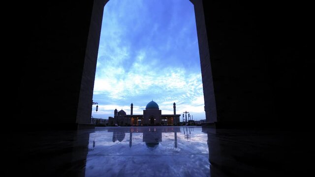 Mosque And Minarets Seen Through Archway Against Sky During Sunset - Tashkent, Uzbekistan