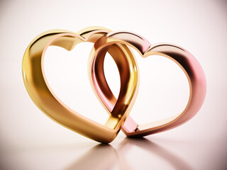 Two attached heart shaped rings. 3D illustration