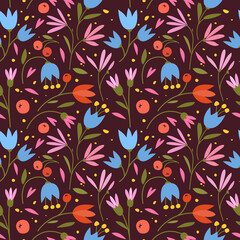 Cute seamless pattern with colorful small flowers. Small flowers on Dark background