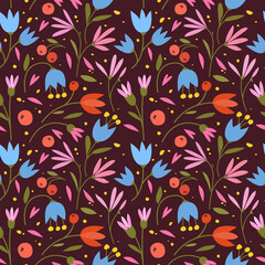 Cute seamless pattern with colorful small flowers. Small flowers on Dark background