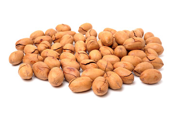Peeled pecan nuts closeup, isolated on white background