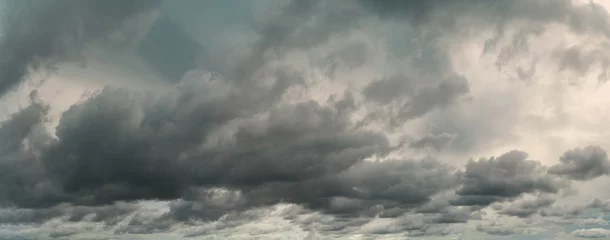 Fotobehang Panoramamening van bewolkte hemel. Dramatische grijze lucht en witte wolken voor regen in het regenseizoen. Bewolkte en humeurige lucht. Onweerslucht. Wolkenlandschap. Sombere en humeurige achtergrond. Bewolkte wolken. © Artinun