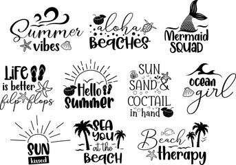 Summer Beach Vector Illustration set, summer svg bundle, beach quotes