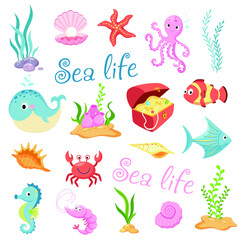 sea life creatures cartoon animals set on white background vector illustration