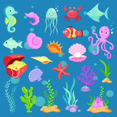 Grand ensemble de créatures mignonnes de la vie marine animaux de dessin animé seton fond bleu illustration vectorielle
