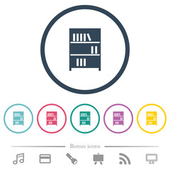 Bookshelf with books solid flat color icons in round outlines