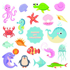 Marine life creatures cartoon animals set on white background vector illustration