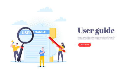 User manual guide book flat style design vector illustration. Tiny people, magnifying glass and pencil working together with guide book. Specifications user guidance document.