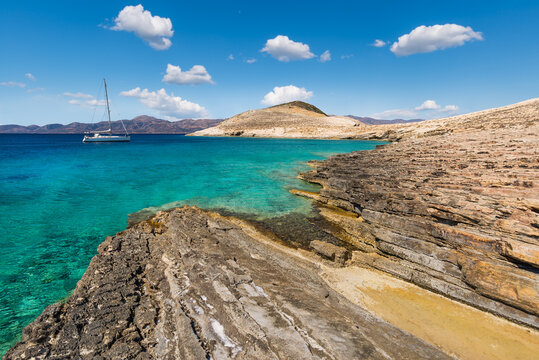 View of the uninhabited islet of Makares south of the Greek island of Donoussa in the Cyclades archipelago
