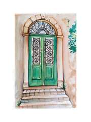 Watercolor drawing of vintage door