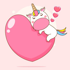 Cartoon illustration of cute unicorn character sleeping on heart love