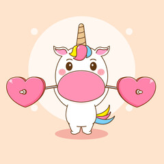 Cartoon illustration of cute unicorn character wight lifting