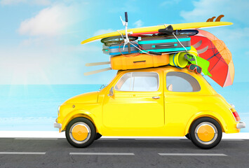 Car with suitcases on the roof on the road for the summer holidays, 3D illustration