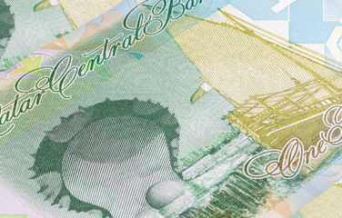 Close up to Riyal, banknotes of the kingdom of Katar or Qatar. Detailed capture of the front art...