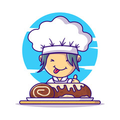 Cute Chef Girl with Roll Cake Chocolate Cartoon Vector Illustrations. World Chocolate Day Icon Concept Isolated Premium Vector