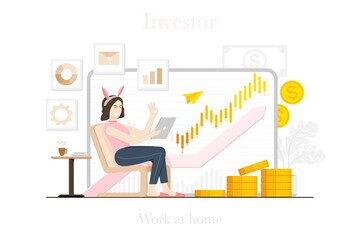 Working at investor's home with a laptop to monitor and analyze investments. Vector illustration
