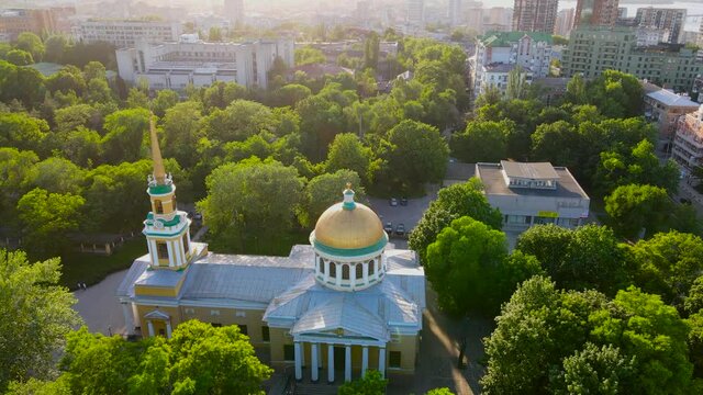 A majestic drone view of The Saviour's Transfiguration Cathedral a main Orthodox church of Dnipro, Ukraine.
