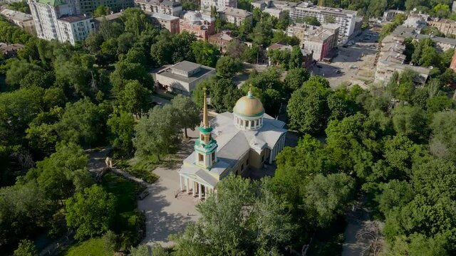 A drone view of The Saviour's Transfiguration Cathedral a main Orthodox church of Dnipro, Ukraine.