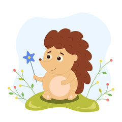 Cute hedgehog with magic wand sits on lawn and thinks about what dream come true. Cartoon adorable porcupine. Vector illustration