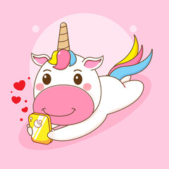 Cartoon illustration of cute unicorn character playing smartphone