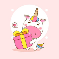 Cartoon illustration of cute unicorn character brings gift box