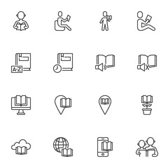 Book reading line icons set