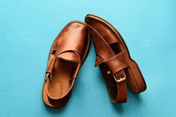A very comfortable and elegant pair of brown handmade sandals of Peshawar, Pakistan