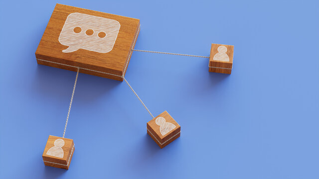 Text Technology Concept with sms Symbol on a Wooden Block. User Network Connections are Represented with White string. Blue background. 3D Render.