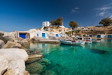 The small fishing village of Mandrakia on the north coast of the Greek island of Milos in the...