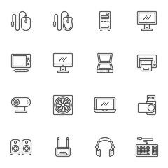Hardware and devices line icons set