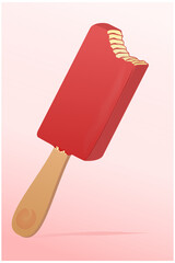 The bitten creamy strawberry popsicle with pink icing on a light pink background