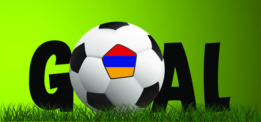 Obraz premium Slogan goal with football with flag of Armenia on green soccer grass field. Vector green background banner. Sport finale wk, ek or school, sports game. 