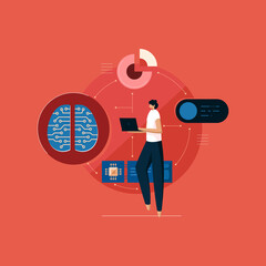 Artificial Intelligence learning with digital brain and circuit, Programmer working on big data with laptop machine