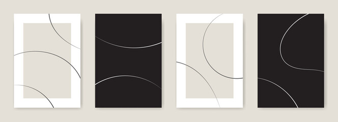 Geometric abstract line shapes posters. Modern print set in minimalist style. Home decor of arc circle lines of black and beige colors. Contemporary wall art illustrations.